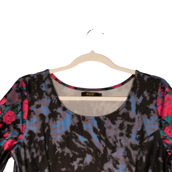 R & B Collection Dress Womens Large Black Watercolor Floral Artsy Stretch Boho - Picture 3 of 12